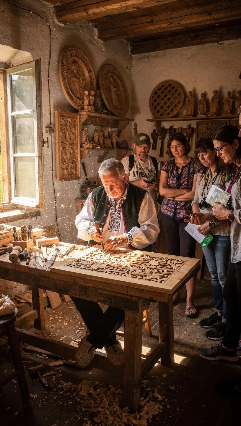 A panoramic view of Cicmany village showcasing traditional wooden houses adorned with intricate geometric patterns.