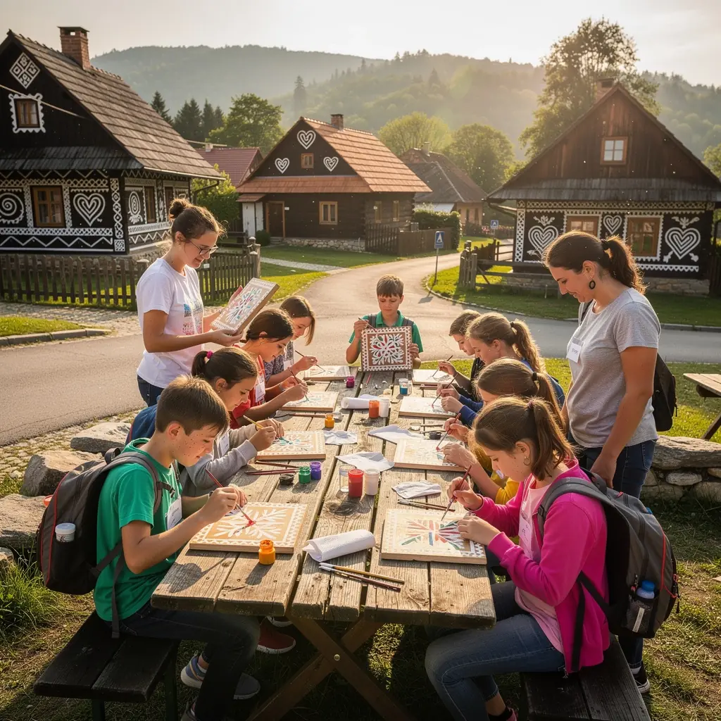 Close-up of a beautifully painted wooden facade featuring vibrant colors and folk designs typical of Slovak architecture.