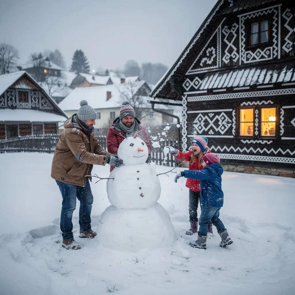 Visitors exploring Cicmany village, surrounded by the picturesque landscape and the iconic painted wooden homes.