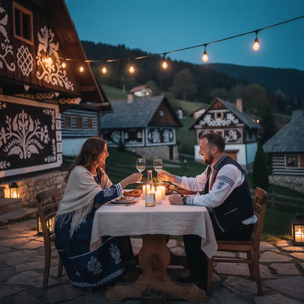 An artistic display of traditional Slovak craftsmanship, highlighting the geometric patterns on the wooden structures in Cicmany.
