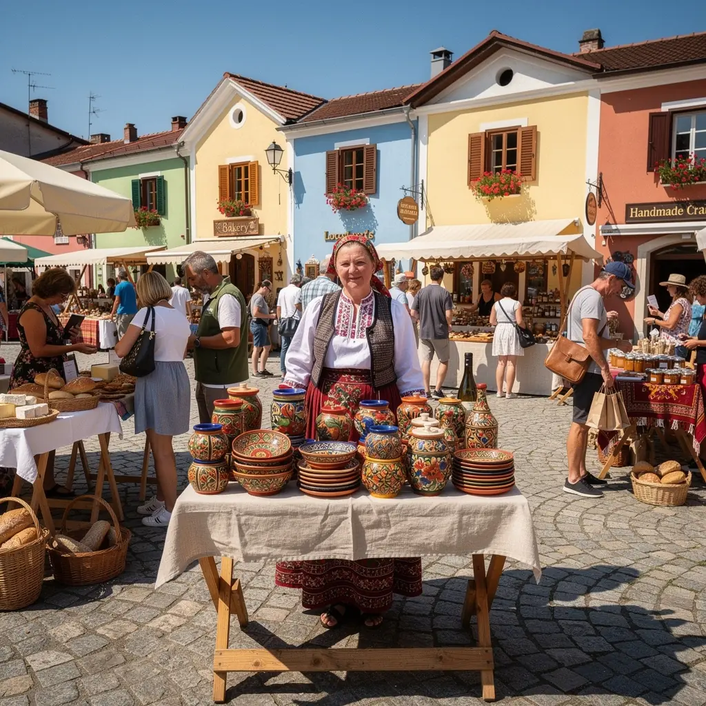 A winter scene in Cicmany village, with snow gently covering the colorful painted houses, creating a magical atmosphere.